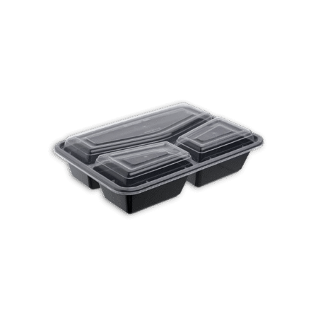 Three Compartment Black Plastic Container and Lid